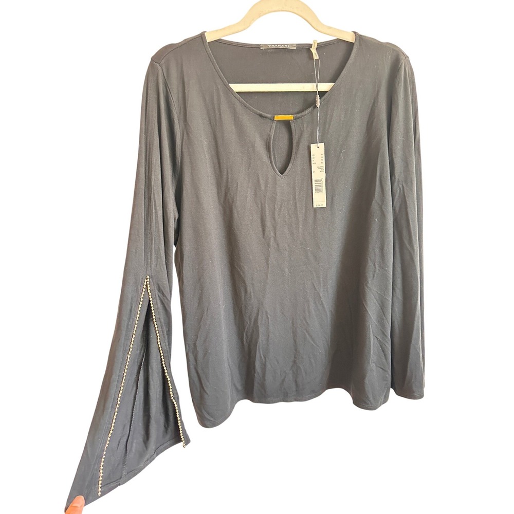T Tahari Chloe Knit Black Long Sleeve Keyhole Top Gold Bead Split Sleeve XL
